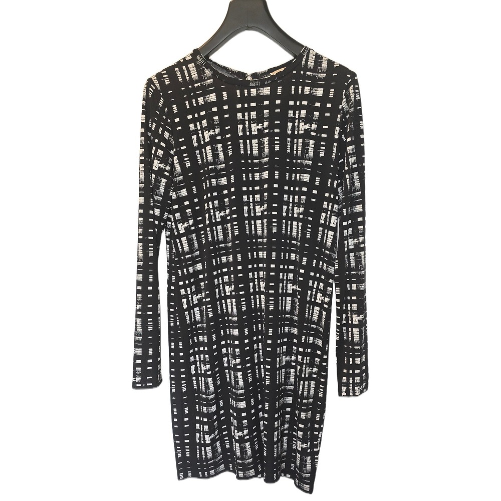 Michael Michael Kors Black White Abstract Grid‎ Print Long Sleeve Sheath Dress L